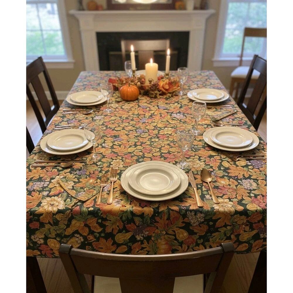 Vtg Tablecloth Pumpkin Leaves Fall Cotton Cottagecore‎ Rectangle 68"x22"